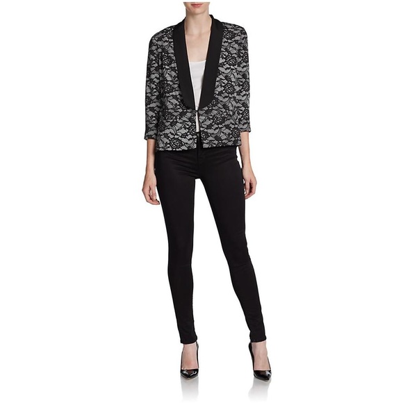 Robbi & Nikki Black Ivory Lace-Print Tuxedo Jacket - Picture 3 of 4