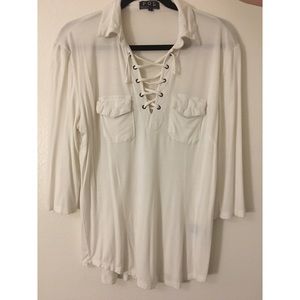 Cream collared criss-cross mid length top