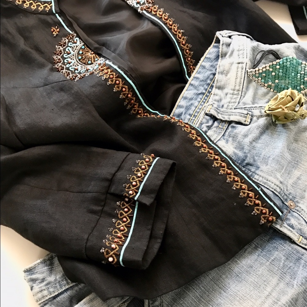 Linen black beaded trim jacket