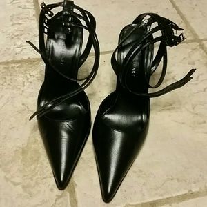 Colin Stuart black leather ankle strap high heels