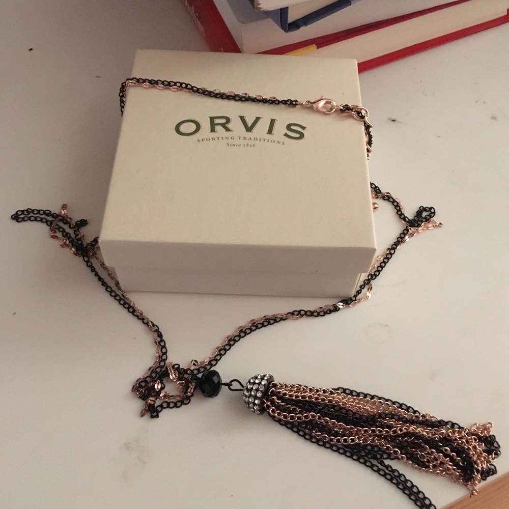 Orvis rose gold and black tassel necklace