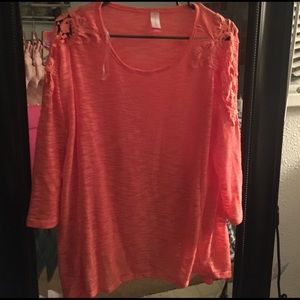 Coral long sleeve top with lace shoulders