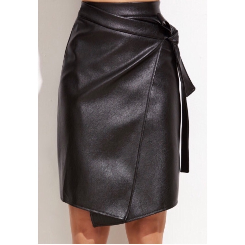 Black PU wrap skirt with knot detail