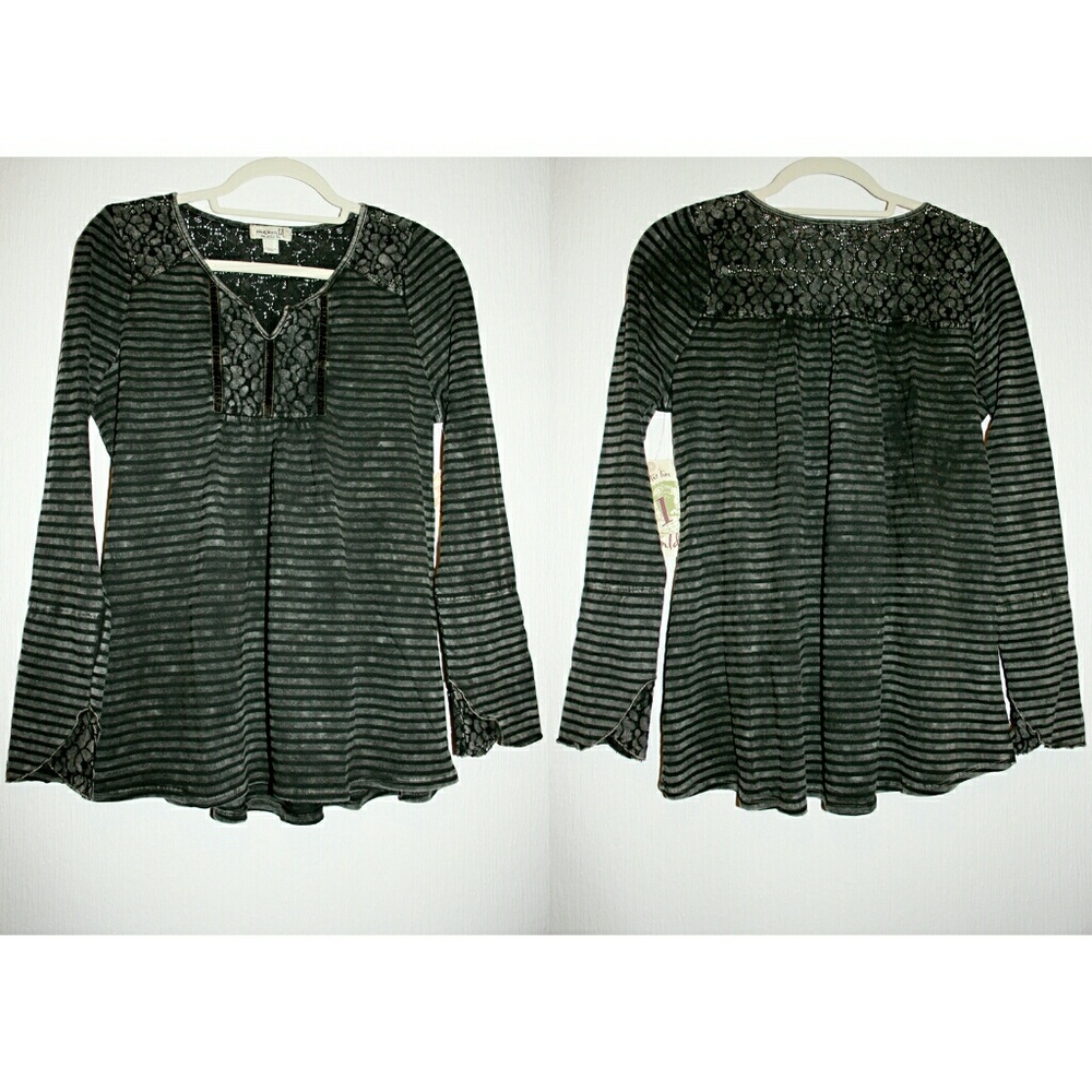 Mineral Wash Striped Long Sleeve Top w/ Lace NWT - Picture 7 of 7