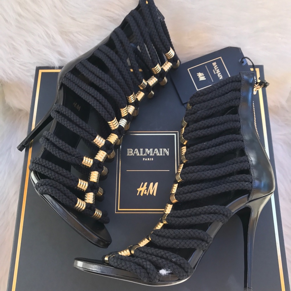 BRAND NEW BALMAIN x H&M BLACK/GOLD ROPE HEELS SZ 9