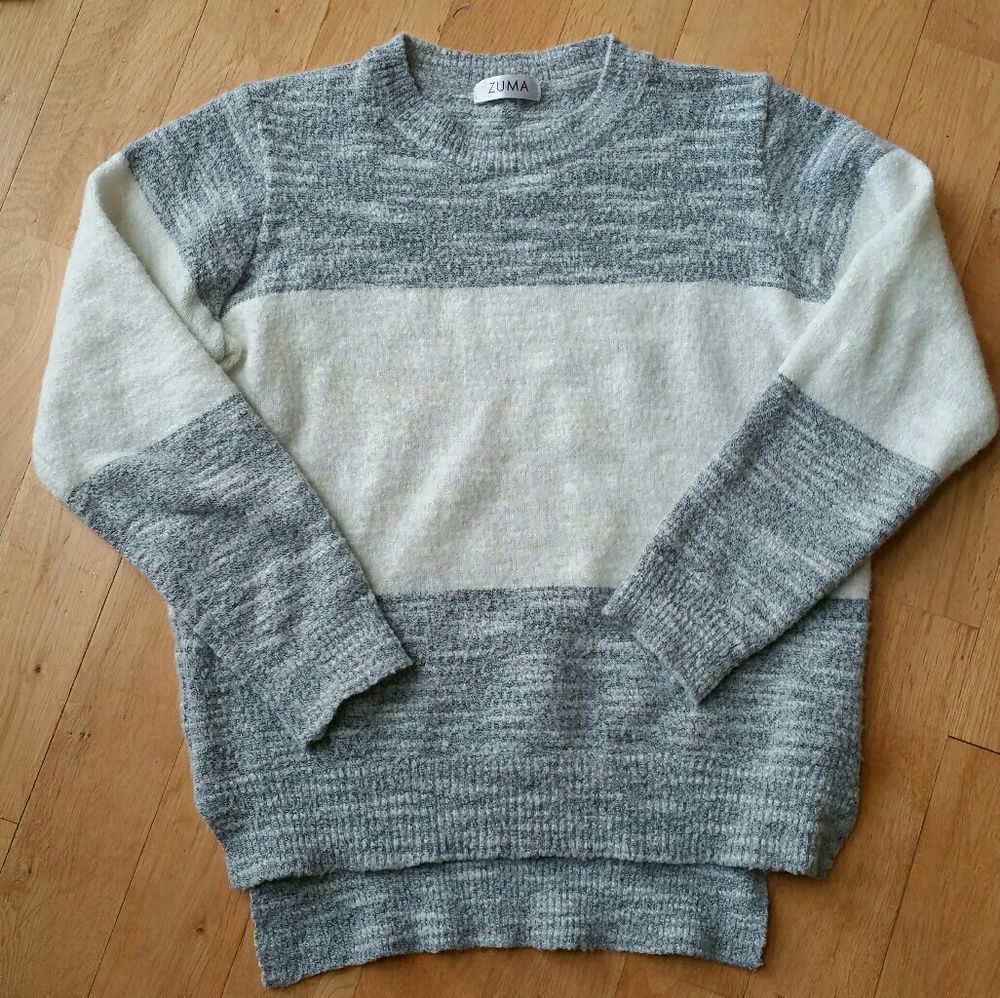 striped grey hi-low sweater
