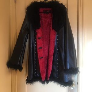 Faux leather mid length jacket w faux fur lining