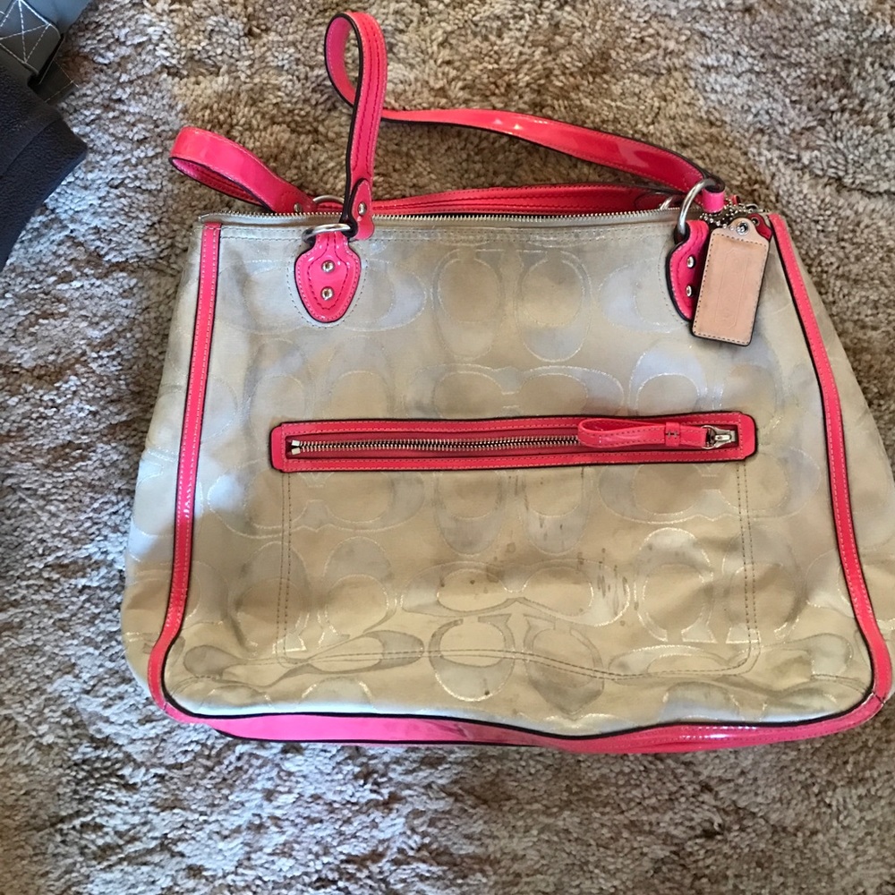 Large Coach purse beige and coral