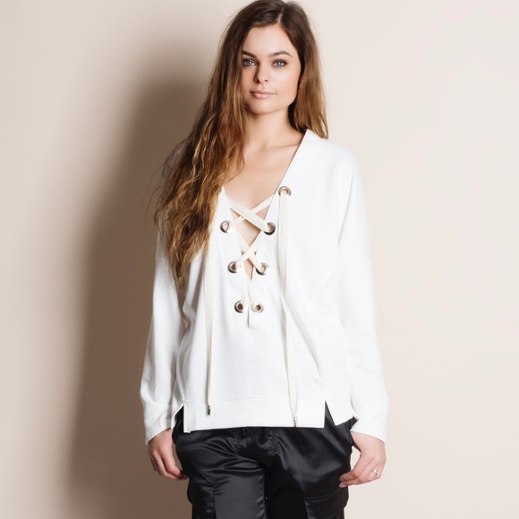 Lace Up Eyelet Sweater Top - Picture 4 of 7