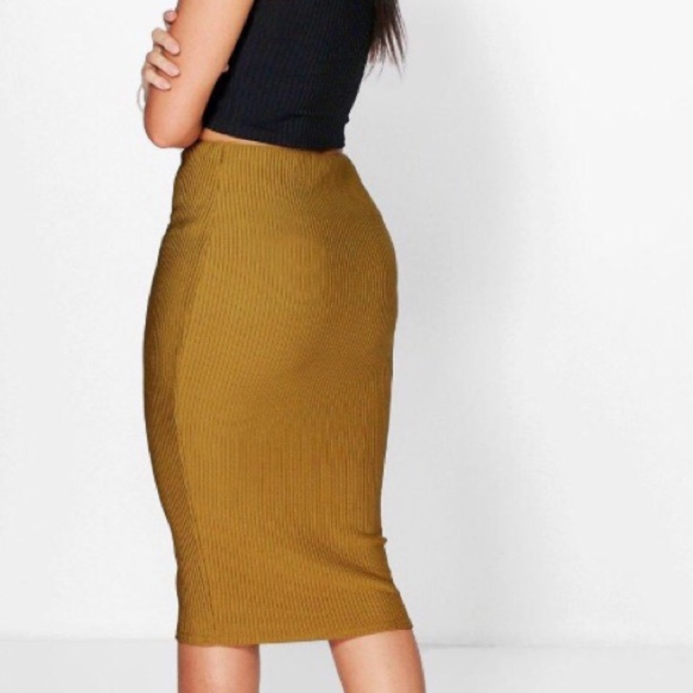 Olive Ribbed Midi Skirt