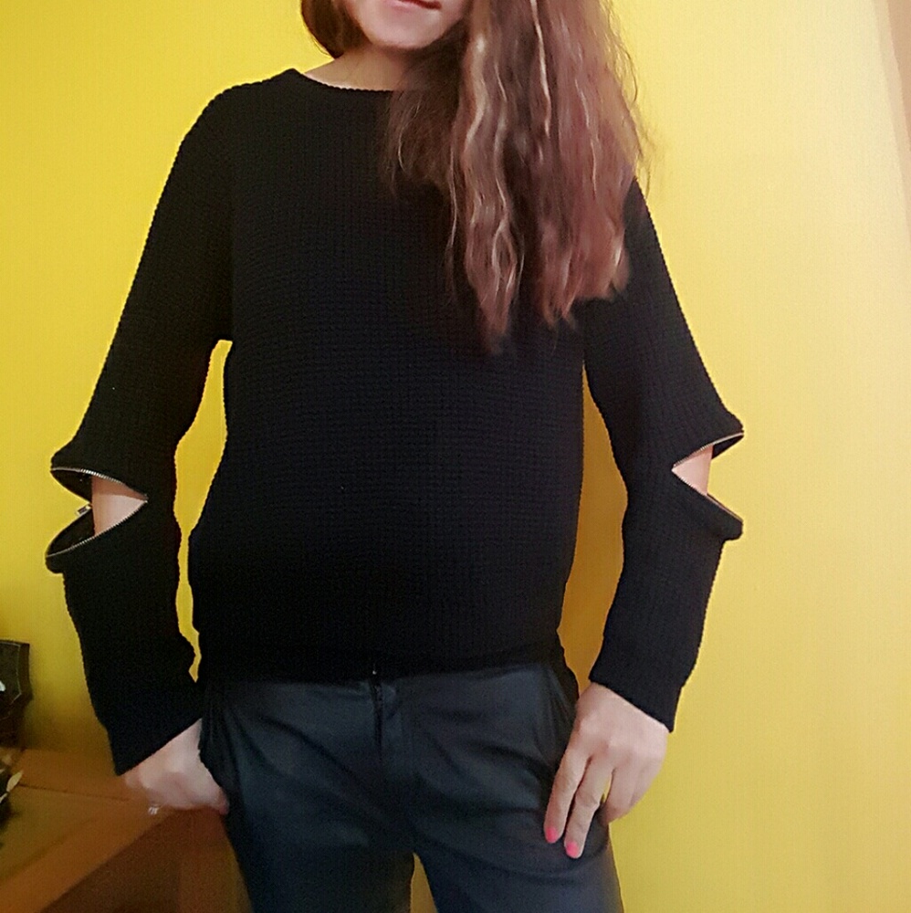 Zipper Detail Sweater, Cut Out Sleeve Pullover