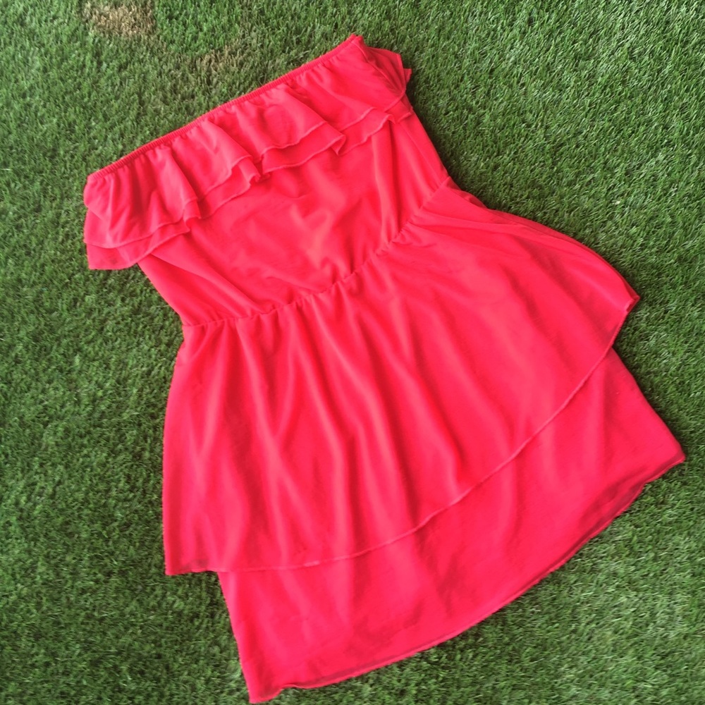 Bright red ruffle strapless dress
