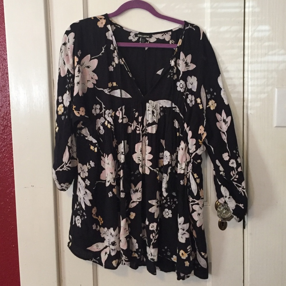 BILLABONG Black Floral Top with Tassels
