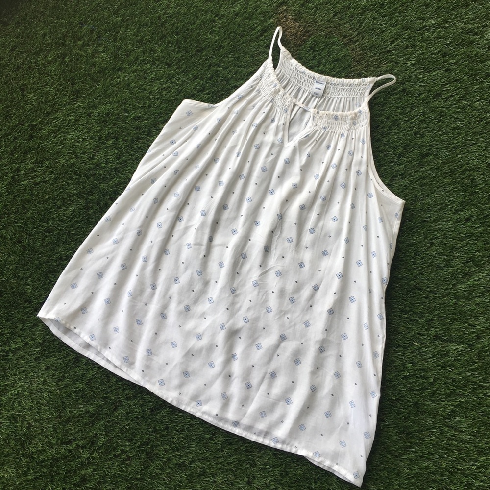 White with blue square print flared shirt