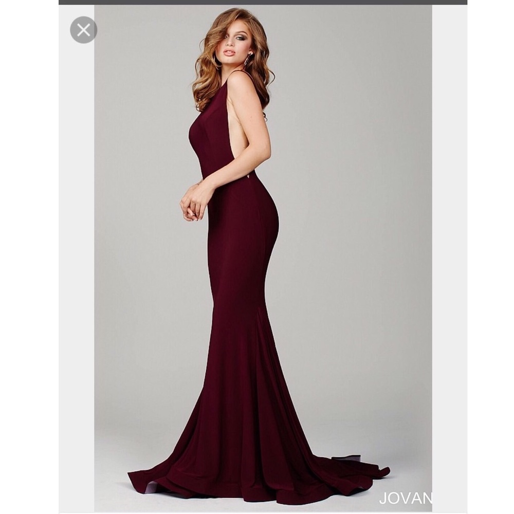 Jovani burgundy maroon dress open back, train