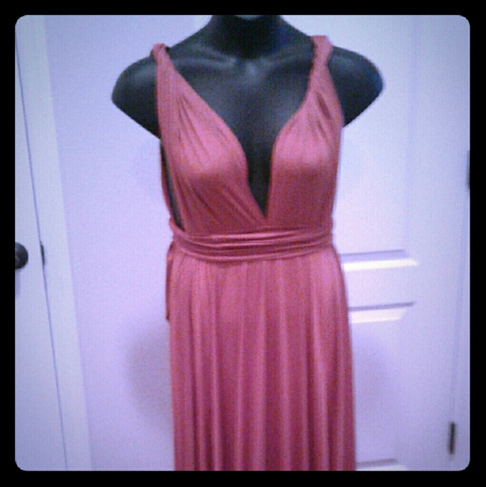Long burnt orange dress.