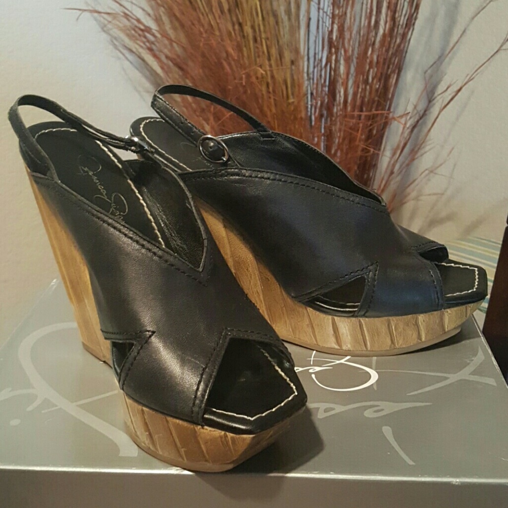 Jessica Simpson Black Leather Wedges