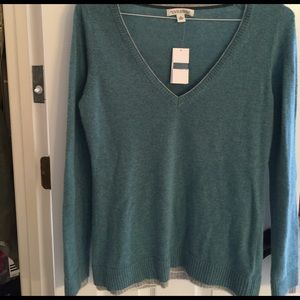 Blue/green v neck sweater with tan trim