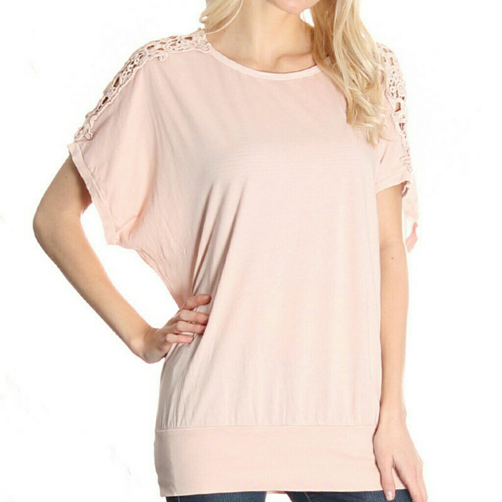 Pink Wash Short Sleeve Dolman Top Crochet Detail