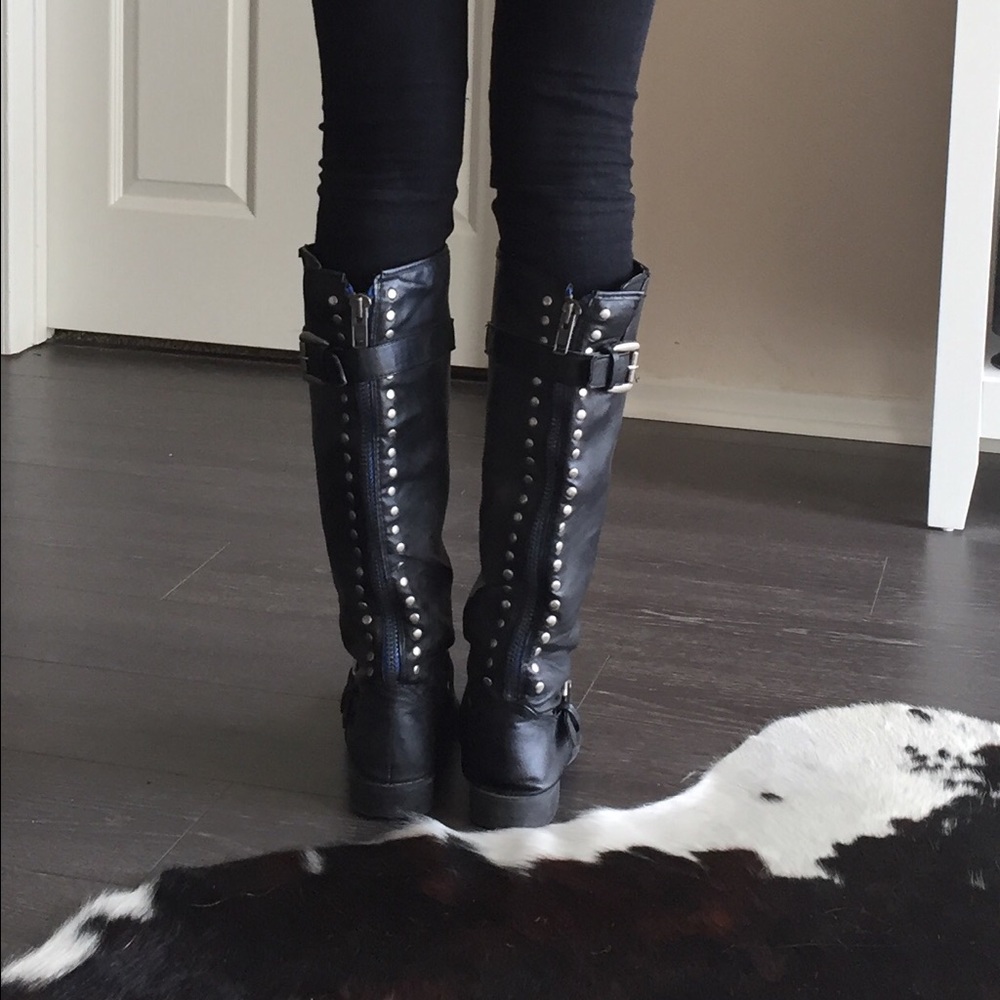 Black Target boots, studs, blue zipper, size 8