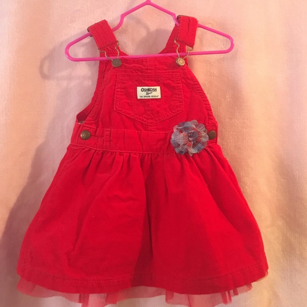 Red overall dress with fluffy bottom