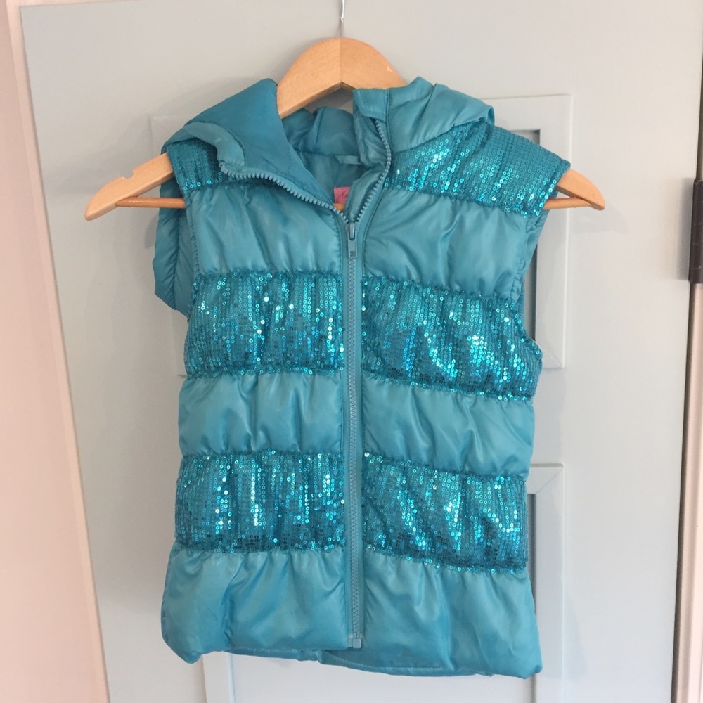 Girls size small puff vest turquoise sequin hooded