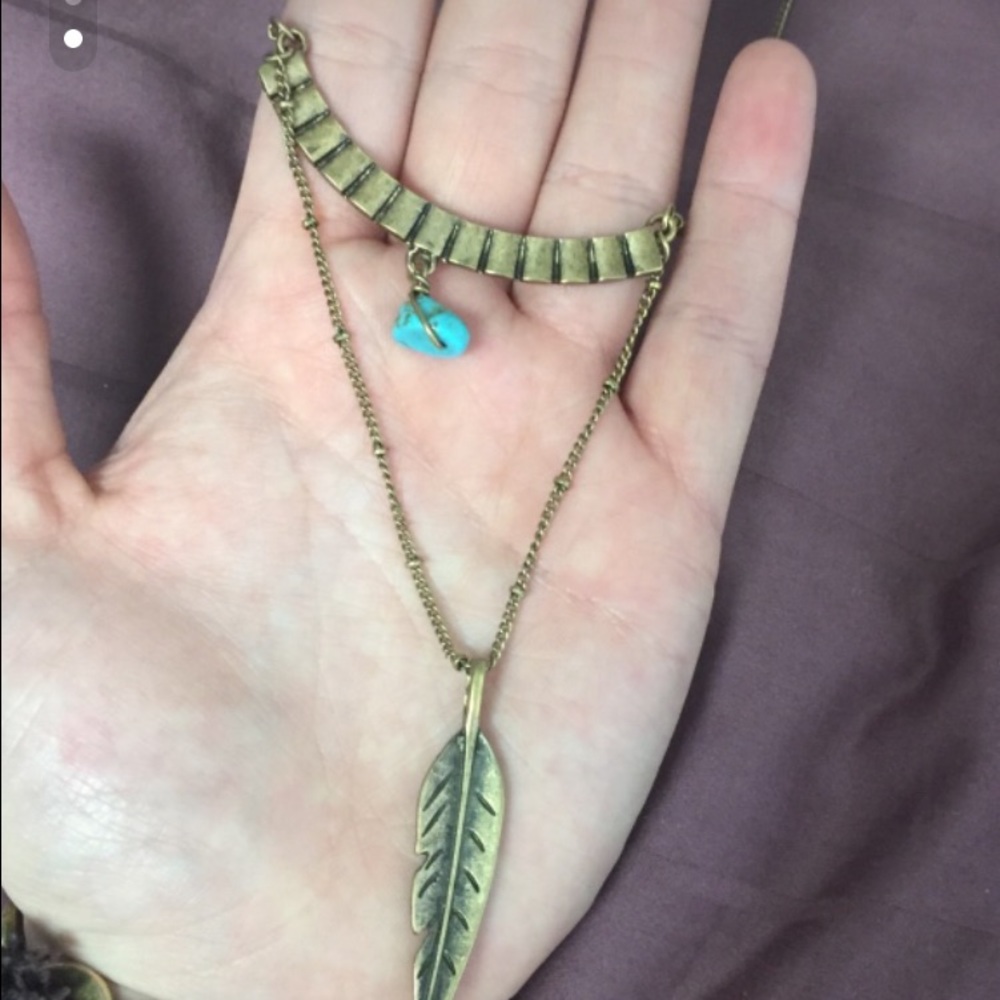 Gold and turquoise feather pendant necklace