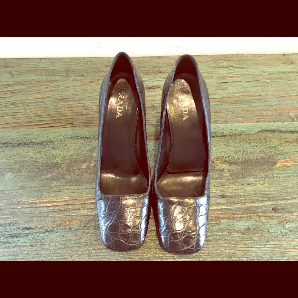 Prada Black Leather Croc Heels Size 8