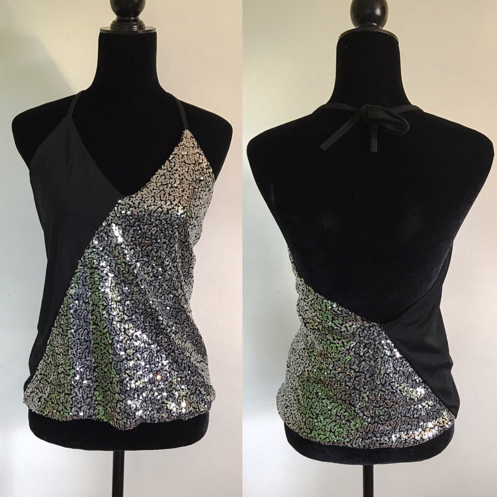 Black Sequin Glitter Halter Tank Top