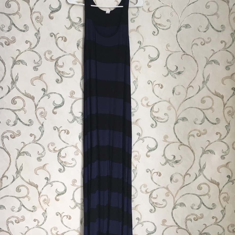 Navy blue and black striped maxi dress.