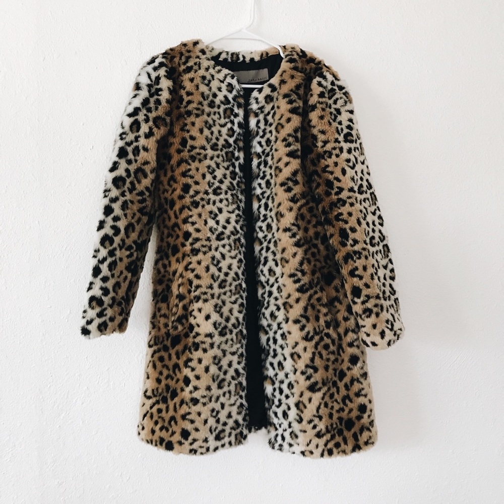 ZARA Leopard Print Faux Fur Coat Sz S