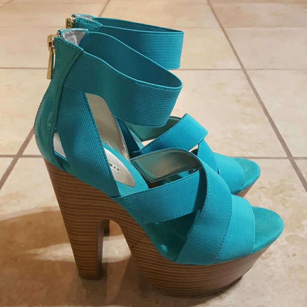 Teal Strappy Wooden Platform Sandals