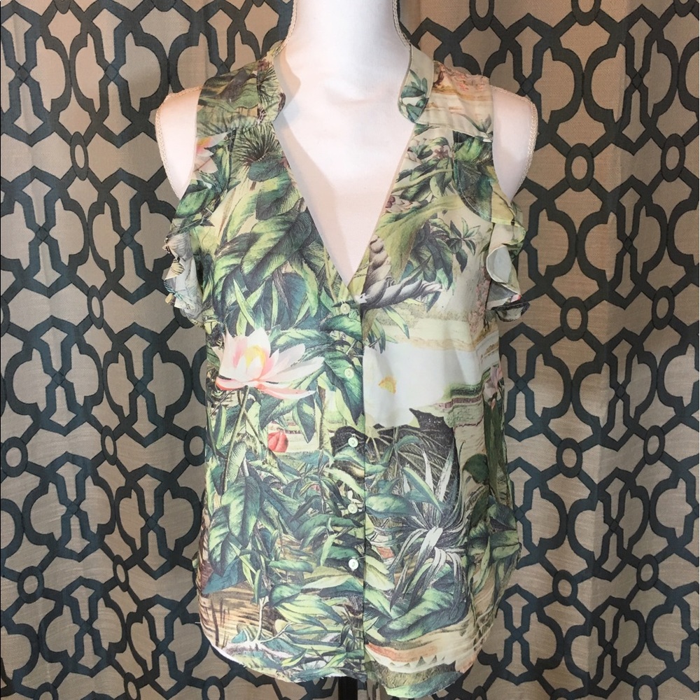 See through tropical motif blouse