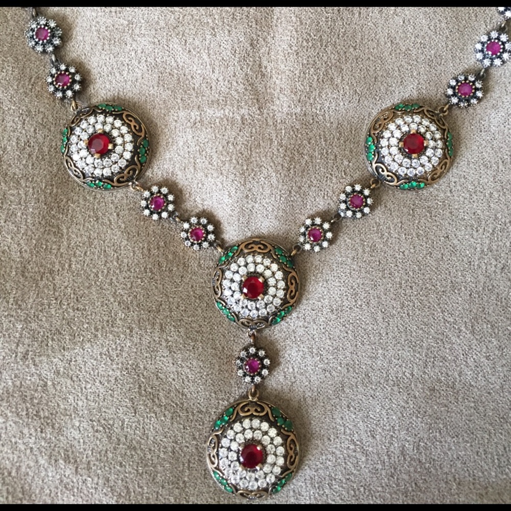 New Solid Silver Real Emerald Topaz Ruby Necklace