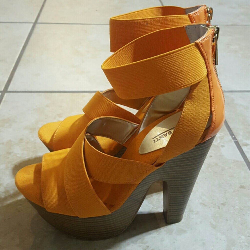 Tangerine Strappy Wooden Platform Heels