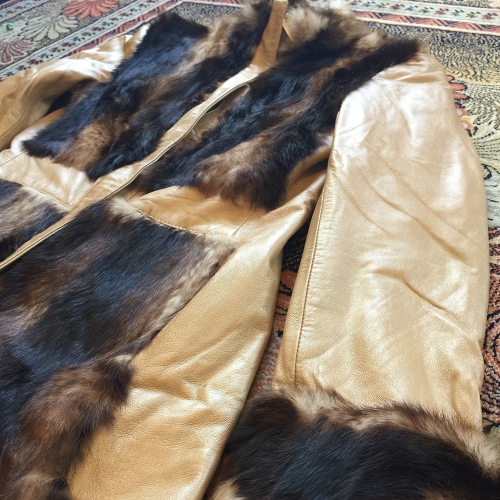 DEEP BLUE Genuine Leather Rabbit Fur Jacket Sz 42