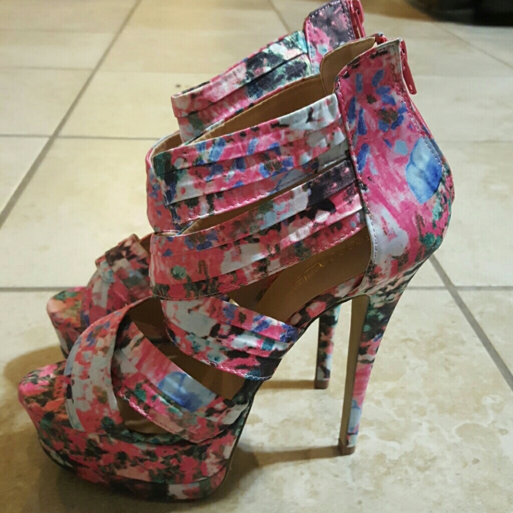 Watercolor Floral Platform Strappy Heels