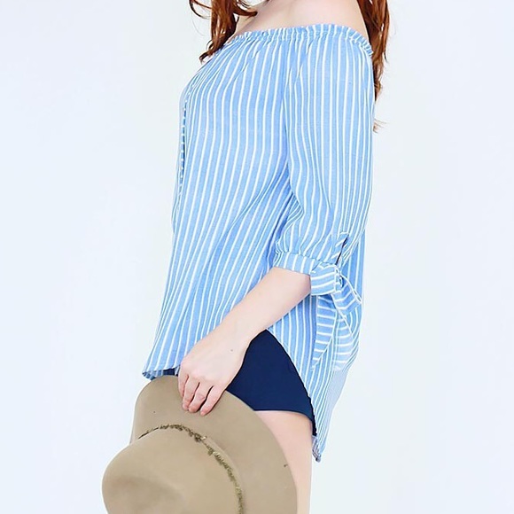Sale! Blue stripe off the shoulder top 3/4 sleeve - Picture 3 of 4