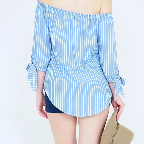 Sale! Blue stripe off the shoulder top 3/4 sleeve - Picture 4 of 4