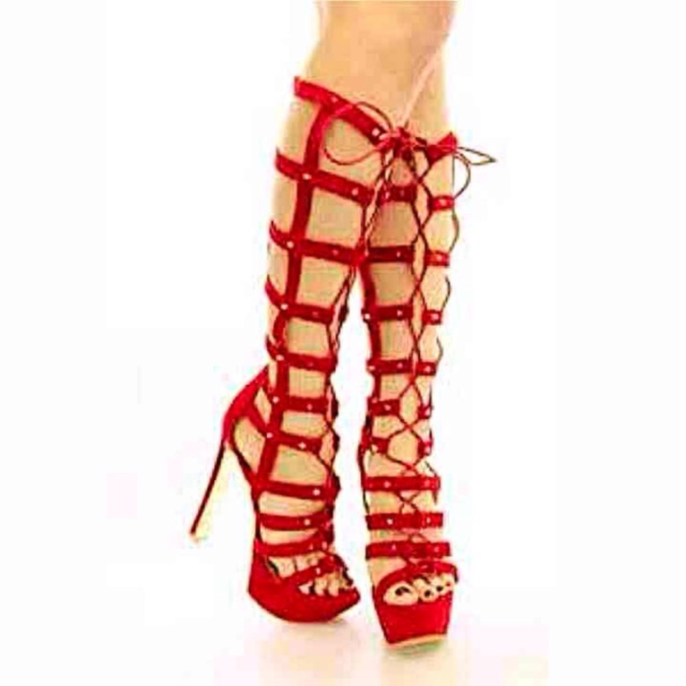 RED SMOOTH SUEDE STRAPPY LACE UP BOOTIE HEELS