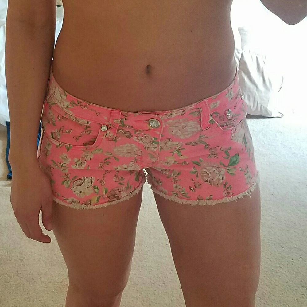 Pink rhinestone studded denim shorts