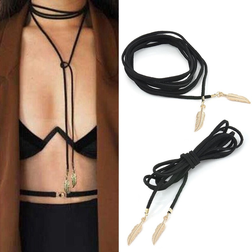 Black Long Velvet Choker Necklace w/ Leaf Pendant