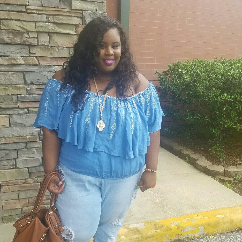 Blue off the shoulder hobo shirt