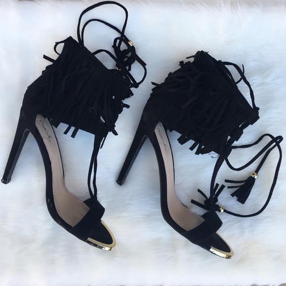 ❗️1 Left >Sz 5.5< Black Suede Fringe Heel - Picture 3 of 4
