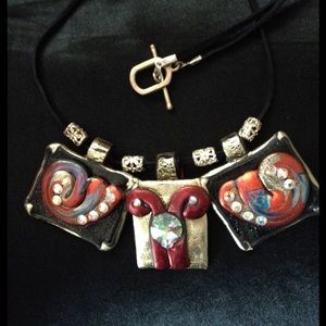 Beautiful OOAK Rust Gold Black Necklace w Crystals