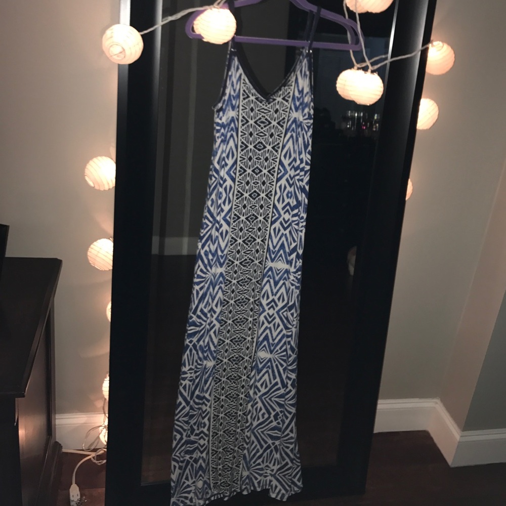 spaghetti strap maxi dress with blue tribe pattern