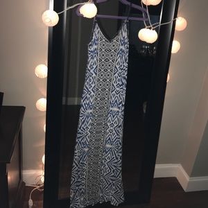 spaghetti strap maxi dress with blue tribe pattern