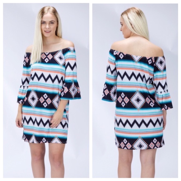 🔴1 MEDIUM LEFT🔴 Off Shoulder Tribal Print Dress - Picture 2 of 5