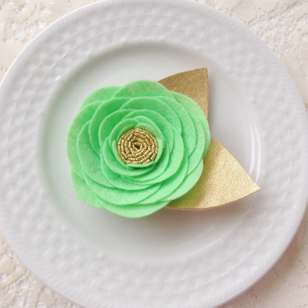 Mint green & gold felt hair flower clip