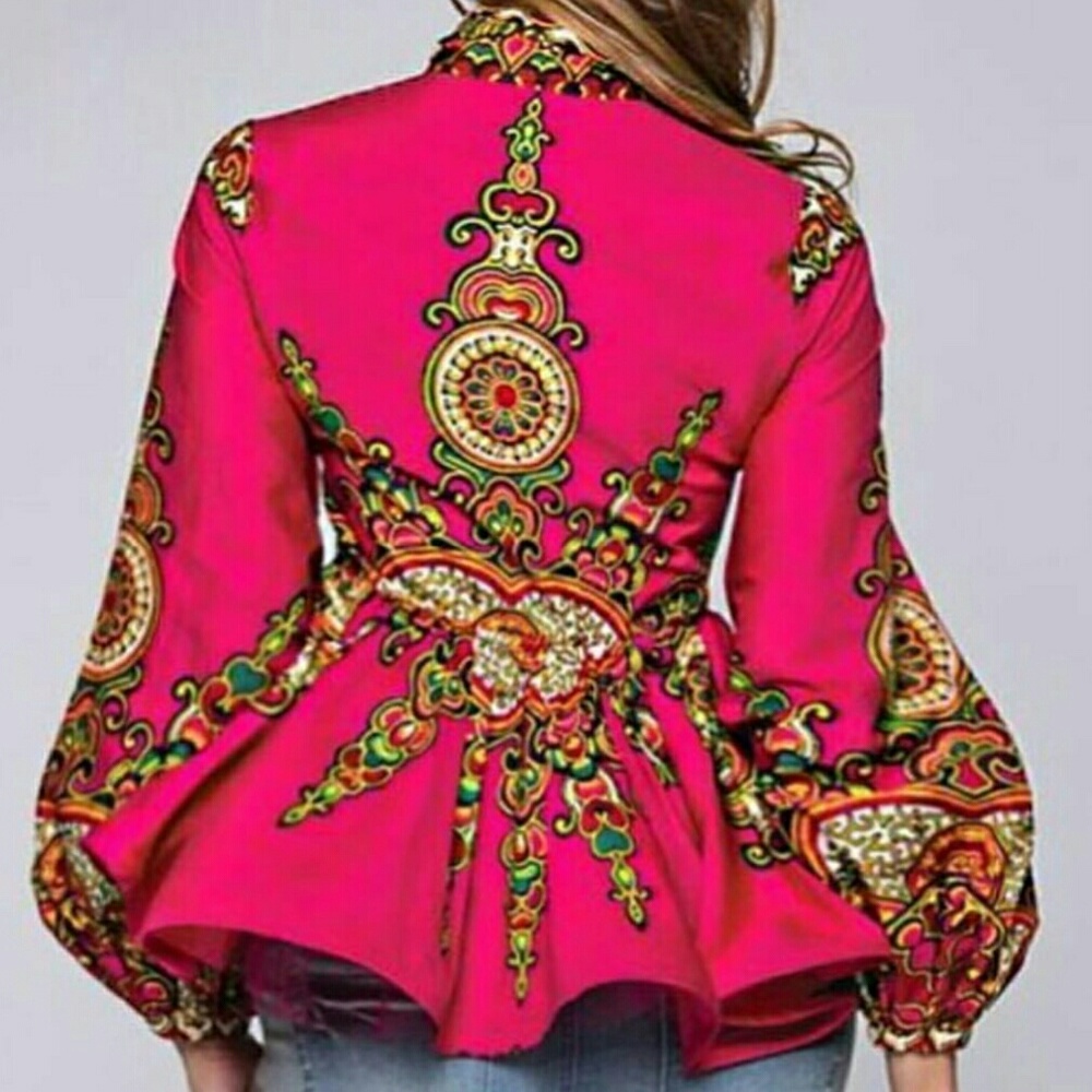 Dashiki Print Peplum Top with Necktie - Picture 2 of 2